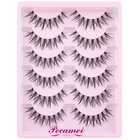 Pecamei Manga Lashes Natural Look False Eyelashes Wispy Clear Band Fake Lashes Asian Korean Cosplay Lashes Faux Mink Lashes Pack 6 Pairs  